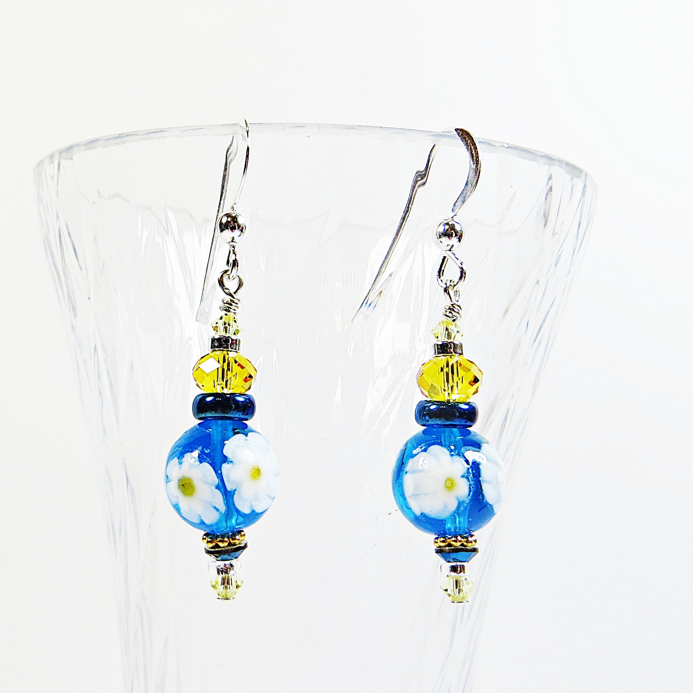 ムラーノ イヤリング、ブルー ミルフィオーレ フラワー ベネチアン