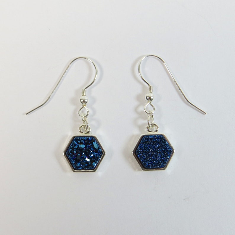Druzy Earrings, Little Dark Blue Druzy Silverplated Earrings with 925 Sterling Silver Fittings zdjęcie 1