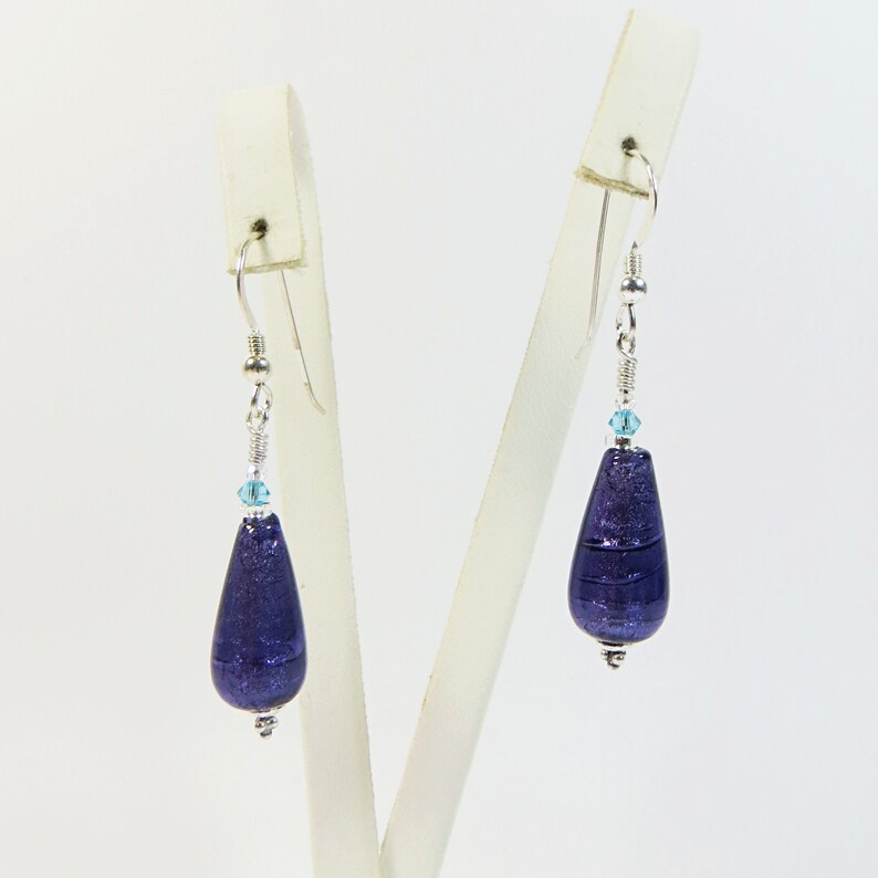 Murano Glass Drops Earrings, Purple Velvet Venetian Glass Drops Earrings with White Gold Inside, Swarovski Crystal and Sterling Silver image 6