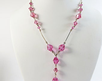 Edwardian Pink Crystal Necklace, Lovely Rose Pink Old Facet Crystal Necklace on Square Section Rolled Gold Wire