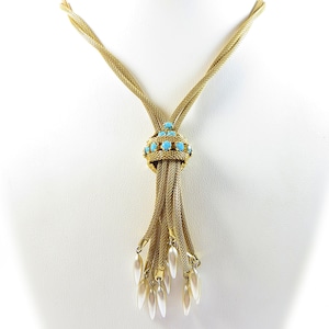 1970s Vintage Necklace, Goldtone Mesh &#39;Y&#39; Shape Vintage Necklace with Claw Prong Set Turquoise Crystal and Glass Pearl Drops, So Pretty