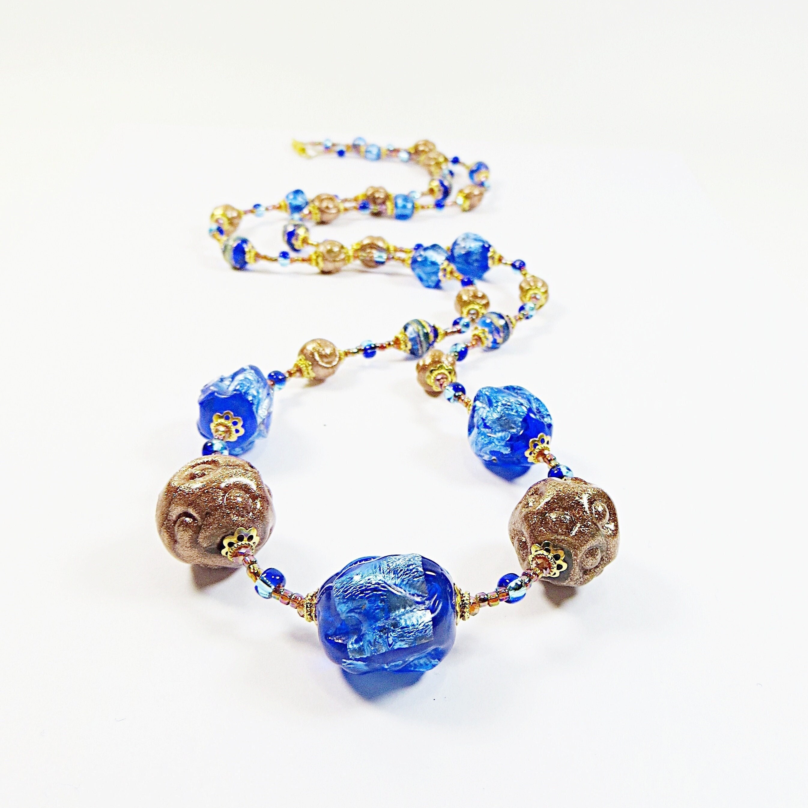 Collier Perles De Verre Murano Années 70 - Bleuté Cuivré, Occasion Très Bon état