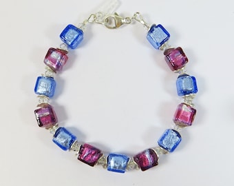 Murano Glass Cubes Bracelet Fuchsia Blue w Sterling Silver Murano Venetian Glass Bracelet, Venetian Zaffiro Fucsia Bracelet w Swarovski