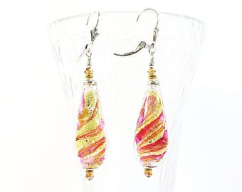 Murano Drops Earrings, Rose Ruby Peachy Pink Goldfoil Venetian Glass, Swarovski & Silver, Clips Available