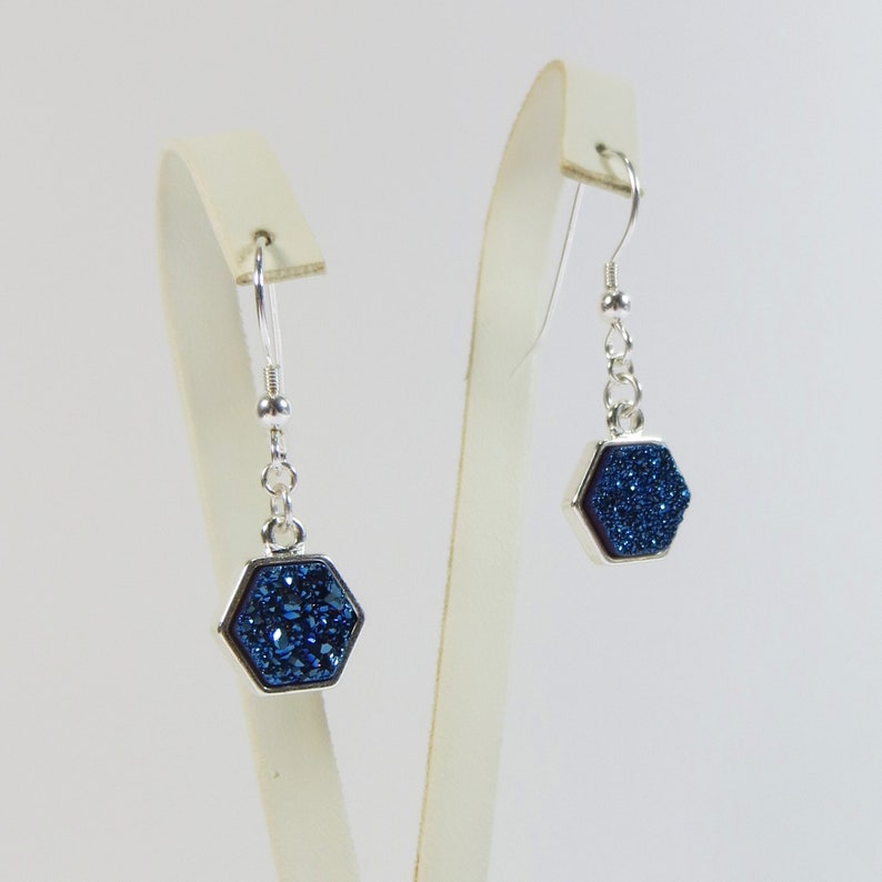 Druzy Earrings, Little Dark Blue Druzy Silverplated Earrings with 925 Sterling Silver Fittings image 7