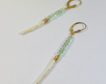 March Birthstone Aquamarine Earrings, Long Freshwater Stick Pearl 14kt Goldfill Wirewrap Earrings w Aquamarine Gemstone 14kt Goldfill