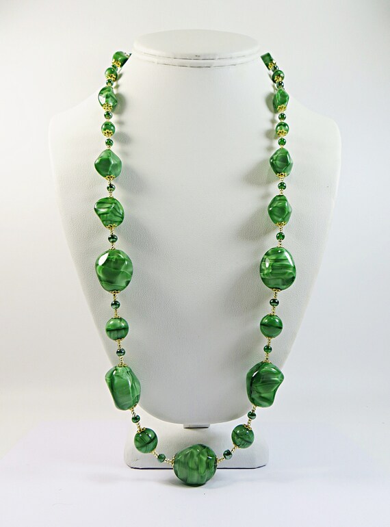 1930s Bohemian Glass Grass Green Satin Beads Rest… - image 2