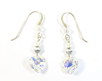 Orecchini a cuore Swarovski: scintillante Aurora Boreale AB in argento Sterling, clip disponibili