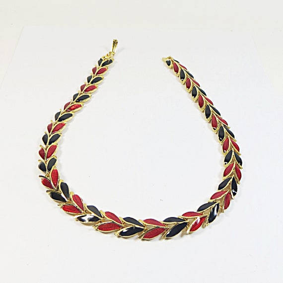1980s Enamel Necklace Choker, Red Black Enamel Ar… - image 5