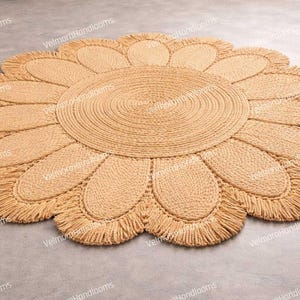 Hand Tufted Jute Rug – Sunflower Floral Design, Fringe Accent Carpet