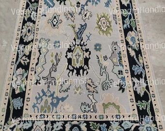 Hand Knotted Persian Rug | Vintage Oriental Floral Area Rug | Blue Ivory Traditional Carpet | Indian Handmade Living Room Bedroom Rug