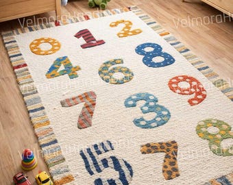 Kids Numbers Rug | Educational Nursery Rug | Colourful Learning Carpet for Kids Room | Playroom Math Rug | Handwoven Cotton Area Rug
