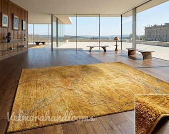 Handgetufteter abstrakter Goldwollteppich | Moderner Wohnzimmer Statement Teppich