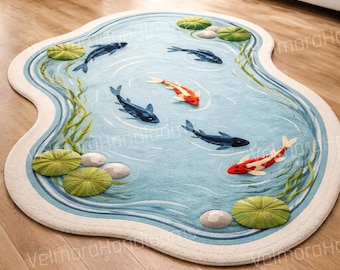 Koi Fish Pond Rug – 3D Water Lily, Japanese Zen Decor