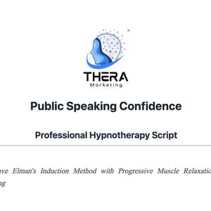 May include: A white graphic with the text "THERA Marketing" and "Public Speaking Confidence." Below, it reads "Professional Hypnotherapy Script." The text "Based on Dave Elman's Induction Method" is also visible.