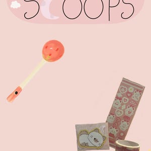 May include: A pink graphic with the words "mystery SCOOPS" in a whimsical font. The image includes a lollipop, stickers, a sticker, and decorative tape. The lollipop is red and white. The stickers feature bears and hearts.