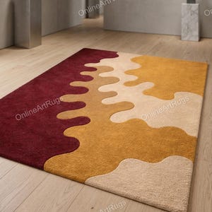 Abstract Modern Area Rug Warm Orange Red Beige Wavy Pattern Soft Plush Living Room Bedroom Carpet Contemporary Home Decor