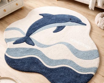Dolphin Shaped Area Rug Handmade Ocean Theme Carpet for Kids Room Nursery Living Room Soft Modern Home Decor