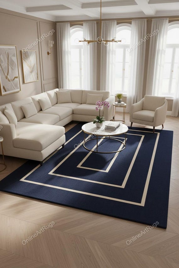 Dunkelblauer Geometrischer Teppich mit Umrandung, Moderner Minimalistischer Teppich in Creme-Linie, Zeitgenössischer Rechteckiger Teppich für Wohnzimmer Schlafzimmer Dekor