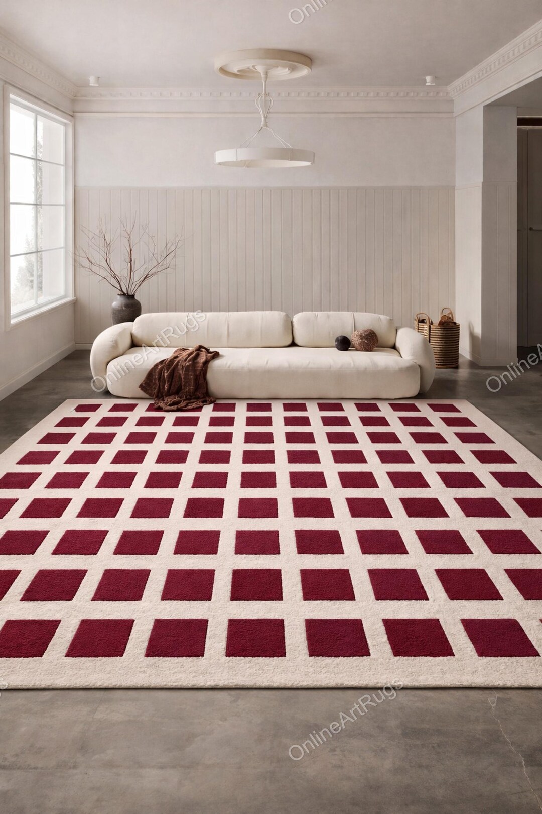 Red Square Rug Texture Checkered Area Rug, Red Square Pattern Beige Background Carpet ...