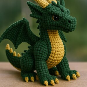 May include: A handcrafted crochet dragon in shades of green and yellow. The dragon features detailed wings, horns, and claws. The body is a textured green, with a yellow belly and horns. The dragon is sitting on a wooden surface.
