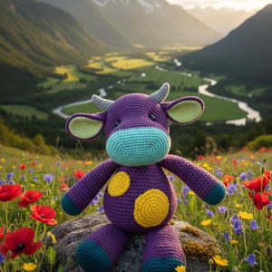 Könnte beinhalten: Handgemachte lila Häkeltier-Kuhpuppe mit gelben Flecken, einem türkisfarbenen Maulkorb und grün gefütterten Ohren. Die Puppe sitzt auf einem Felsen in einem Feld mit Wildblumen, mit Bergen und einem Fluss im Hintergrund.
