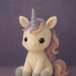 Può includere: Un unicorno all'uncinetto fatto a mano in giallo tenue con un corno grigio, zoccoli e grandi occhi neri. L'unicorno ha una criniera e una coda fluenti nei toni del viola, pesca e giallo. Il peluche è seduto su una superficie viola.
