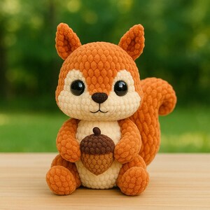 Peut inclure: Un jouet d'écureuil en crochet, aux couleurs orange, crème et marron. L'écureuil tient un gland marron. Il a de grands yeux noirs et une queue touffue. Le jouet est posé sur une surface en bois avec un arrière-plan vert flou.