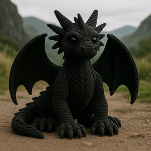 May include: A black dragon figurine with large wings, horns, and a textured body. The dragon is sitting on a dirt surface with a blurred mountain backdrop. The dragon has large, dark eyes and detailed claws.
