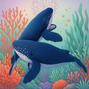 May include: Illustration of two blue whales swimming in an underwater scene. The whales have white markings and are surrounded by colorful coral and seaweed in shades of orange, green, and purple. Bubbles float near the whales.