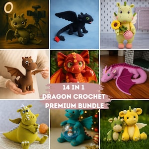 Puede incluir: Una colección de 14 figuras de dragones de ganchillo en varios colores y estilos. Los dragones incluyen un dragón negro, un dragón marrón, un dragón rojo, un dragón rosa, un dragón verde y un dragón azul. Se muestra el texto "14 IN 1 DRAGON CROCHET PREMIUM BUNDLE".