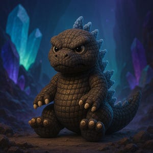 May include: A plush, dark gray Godzilla-like creature with a stern expression. The toy has textured skin, a spiky dorsal fin, and a long tail. It sits on a rocky surface, with glowing blue and purple crystals in the background.