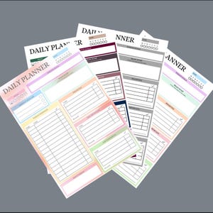 May include: A selection of daily planner sheets in various pastel colours, with sections for tasks, priorities, and goals. Each sheet has the words "Daily Planner" at the top. The sheets are arranged on a grey background.