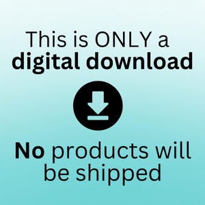 Może przedstawiać: Grafika do pobrania cyfrowego na jasnoniebieskim tle. Tekst brzmi "This is ONLY a digital download" nad czarnym okręgiem ze strzałką w d&oacute;ł. Poniżej okręgu tekst brzmi "No products will be shipped."