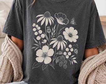 Minimalistyczny, biały, monochromatyczny wzór koszulki z dzikimi kwiatami w formacie PNG: elegancki, modny, popularny, retro, vintage, botaniczny, PNG (pobieranie cyfrowe 0097)