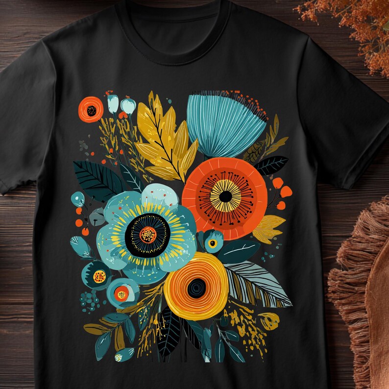 Może przedstawiać: Czarny t-shirt z żywym kwiatowym wzorem. Grafika zawiera duże pomarańczowe, turkusowe i ż&oacute;łte kwiaty ze skomplikowanymi detalami. Projekt jest wyśrodkowany na koszulce, tworząc odważne i kolorowe oświadczenie.