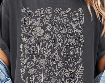 Koszulka z koronką i linorytem w stylu PNG z dzikimi kwiatami: Elegancki, modny, popularny, retro, vintage, kwiaty PNG (pobieranie cyfrowe 0070)