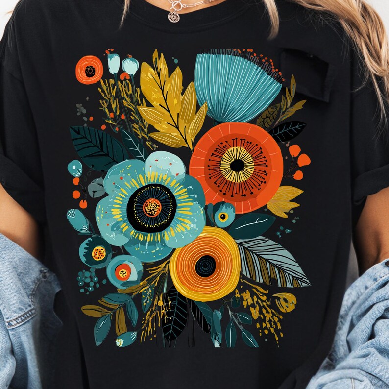 Może przedstawiać: Czarny t-shirt z żywym kwiatowym wzorem. Grafika przedstawia duże, stylizowane kwiaty w odcieniach turkusu, pomarańczy i ż&oacute;łci, ze skomplikowanymi detalami. Projekt jest osadzony na czarnym tle, tworząc uderzający kontrast.