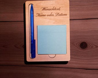 Personalized Wooden Sticky Note Holder with Pen Holder, Engraved Notepad Board, Office Gift