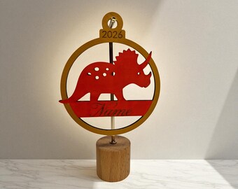 Personalizable dinosaur Christmas ornament – name engraved or cut out – hand-painted or natural – 9cm wooden ornament