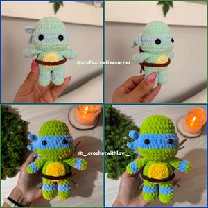 May include: Crocheted Teenage Mutant Ninja Turtle dolls in green, blue, and brown. The dolls have a turtle shell design and are wearing blue or green masks. The dolls are handmade and have a cartoonish appearance. The image includes the text "stefs.creativecorner" and "_crochetwithlav_."