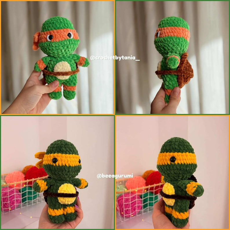 May include: A plush crochet turtle doll featuring a green body, an orange eye mask, and a brown shell. The doll has a round head, black eyes, and a light-colored circular patch on its belly. The texture is soft and fuzzy, with visible yarn stitches.