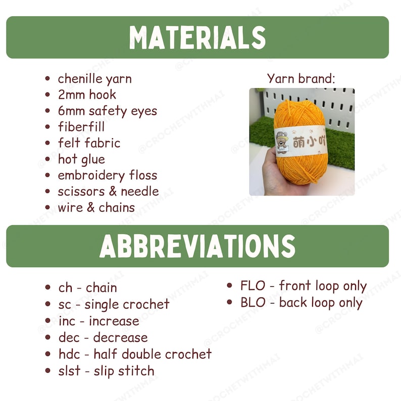 May include: A green and white graphic with the title "MATERIALS" and a list of items including chenille yarn, a 2mm hook, and safety eyes. The image also shows a ball of yellow yarn and a list of crochet abbreviations.