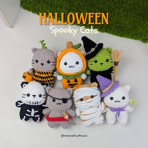 Può includere: Una collezione di figurine di gatti all'uncinetto fatti a mano in costume di Halloween. I gatti sono vestiti da zucca, strega, mummia, pirata e scheletro. Il testo "HALLOWEEN Spooky Cats" è visualizzato sopra.