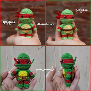 May include: Crocheted Teenage Mutant Ninja Turtle figurine in green, red, and tan. The handmade figure features a red mask, green body, and a tan shell. The image shows multiple views of the same figure, showcasing the details of the craft.