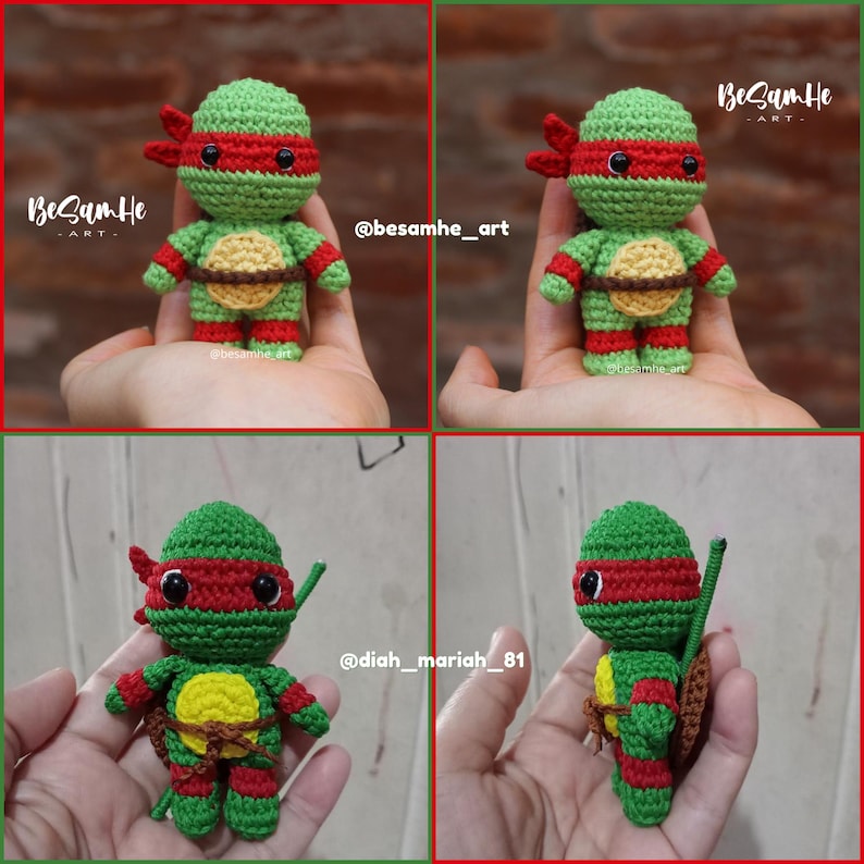 May include: Crocheted Teenage Mutant Ninja Turtle figurine in green, red, and tan. The handmade figure features a red mask, green body, and a tan shell. The image shows multiple views of the same figure, showcasing the details of the craft.