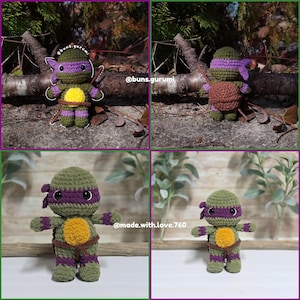 May include: Four crochet figures of a Teenage Mutant Ninja Turtle, each with a green body, purple mask, and brown belt. One figure holds a weapon. The figures are displayed against a natural background. The text "@buns.gurumi" and "@made.with.love.760" are visible.