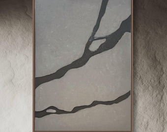 Minimalist Crack Wall Art – 20x48&quot; Concrete Texture Painting on Wood – Modern Abstract Sculpture for Wabi Sabi or Industrial Decor