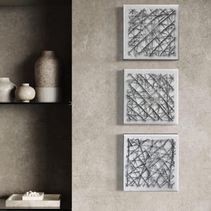 Silver Web – Modern String Art Triptych | 8&quot;x8&quot; Epoxy Resin Wall Decor | Minimalist Abstract Set of 3