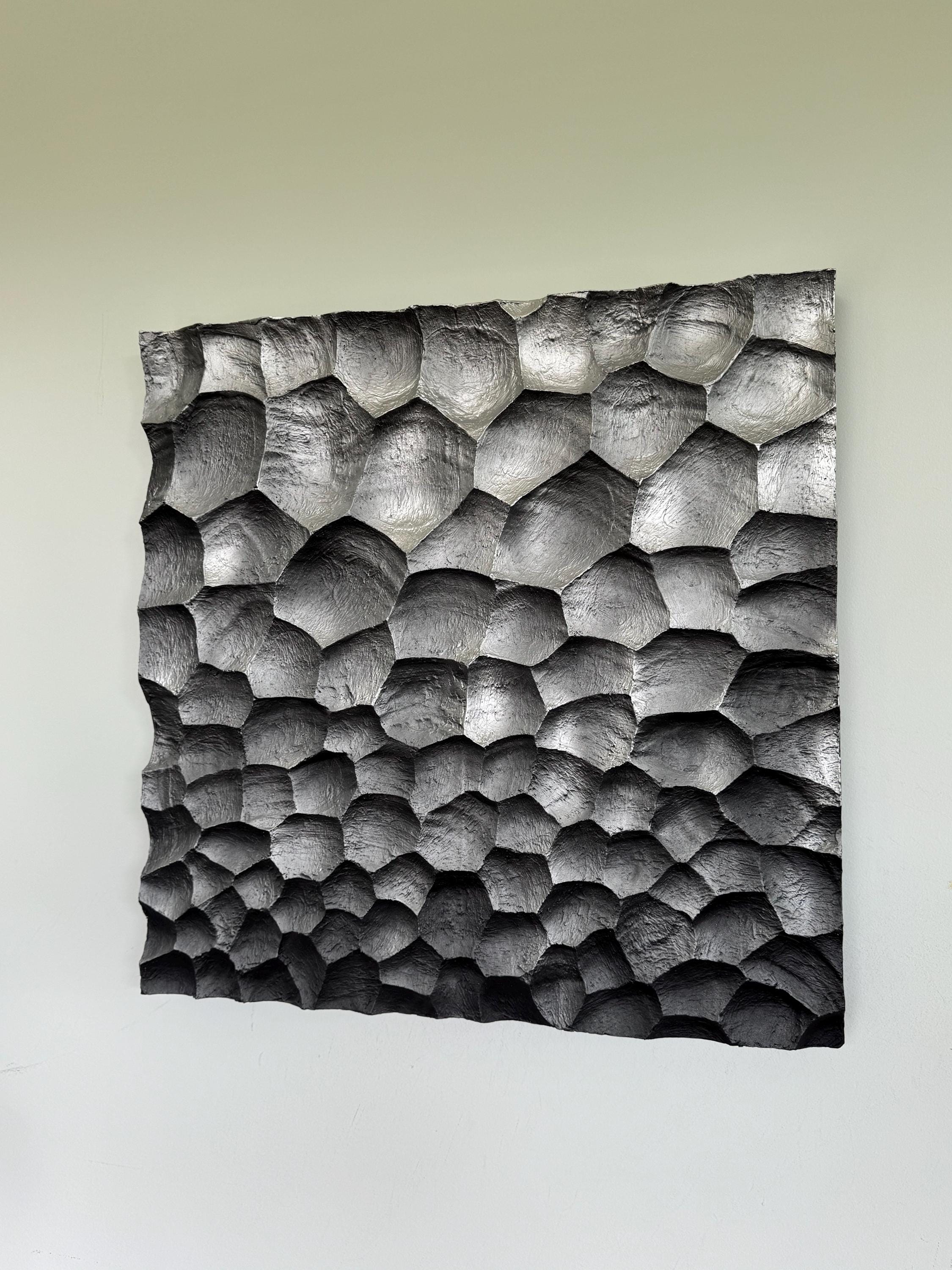 Black Silver Textured Wall Art – 29x29" Sculptural Relief Panel – Modern Polystyrene Wall Sculpture – Geometric Abstract Decor